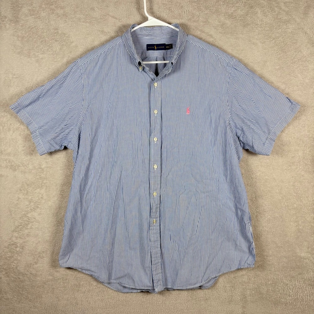 Ralph Lauren Button Down Men XXL Blue White Striped Seersucker Short Sleeve Pony